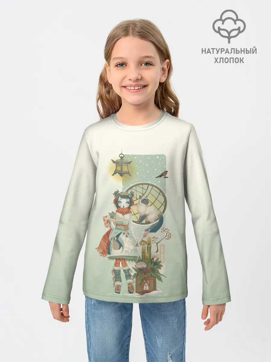 Детский лонгслив / девушка кимоно зима Япония кот