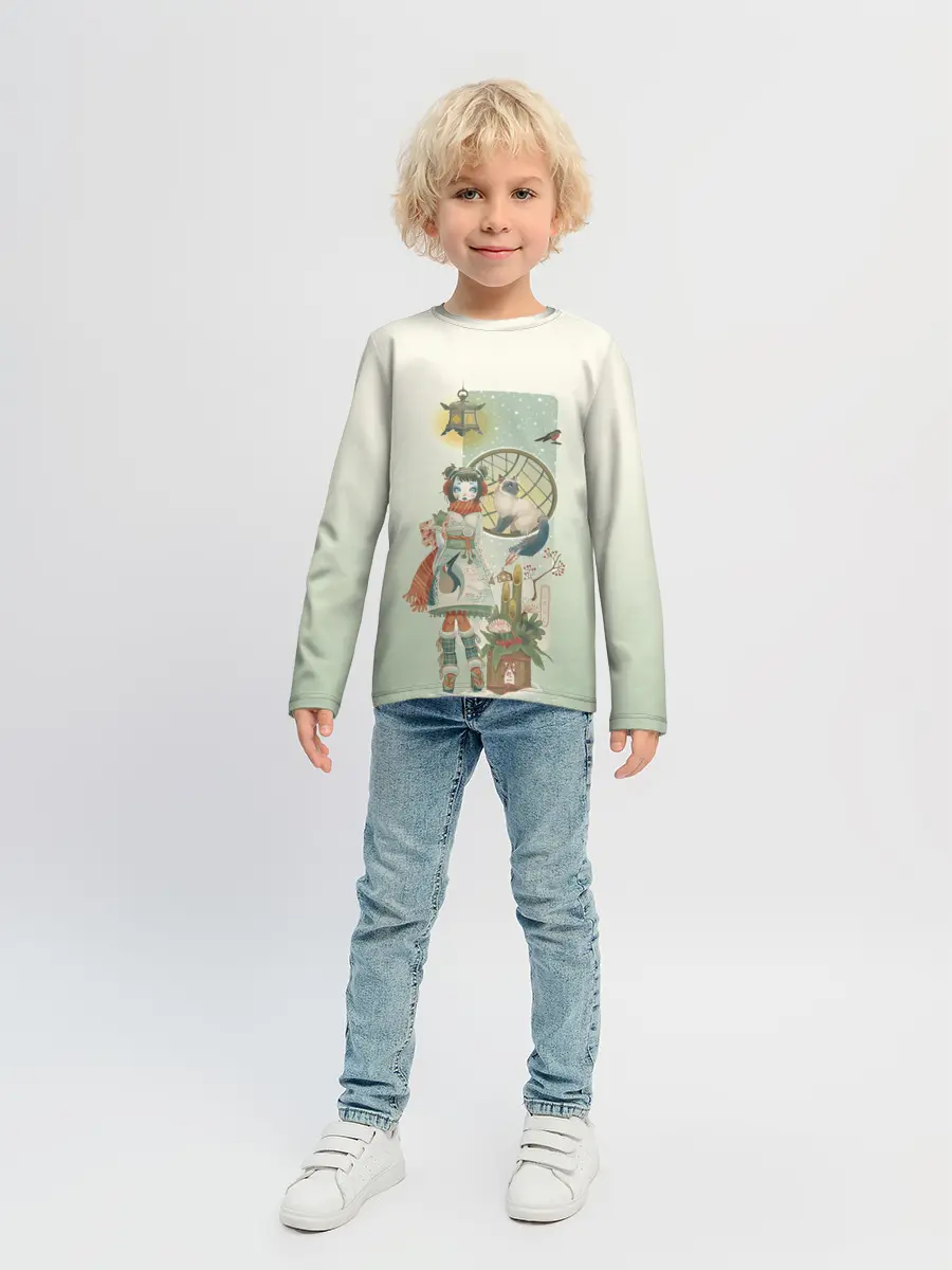 Детский лонгслив / девушка кимоно зима Япония кот