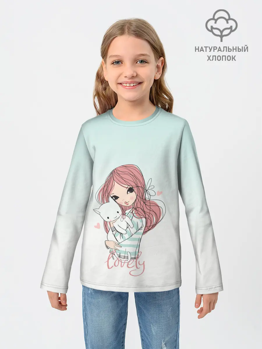 Детский лонгслив / Девочка и любимый кот арт