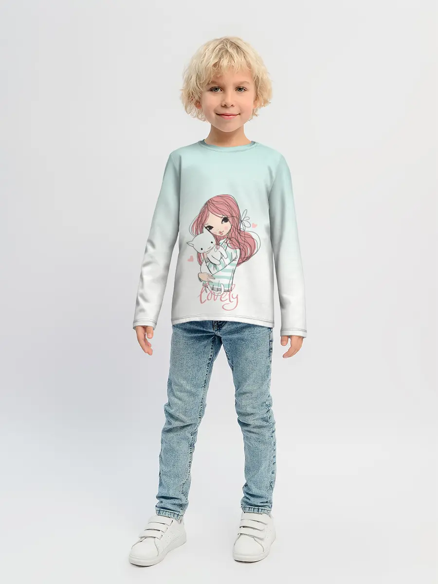 Детский лонгслив / Девочка и любимый кот арт