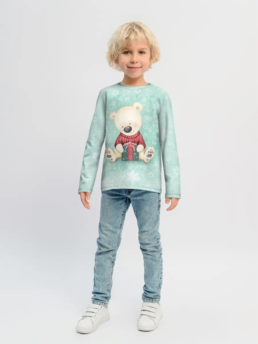 Детский лонгслив / Медвежонок с подарком