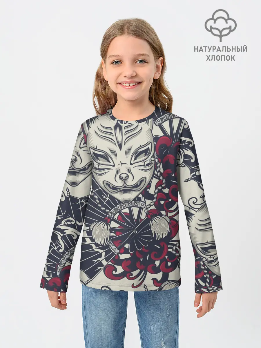 Детский лонгслив / Маска Кицунэ | Маска лисы