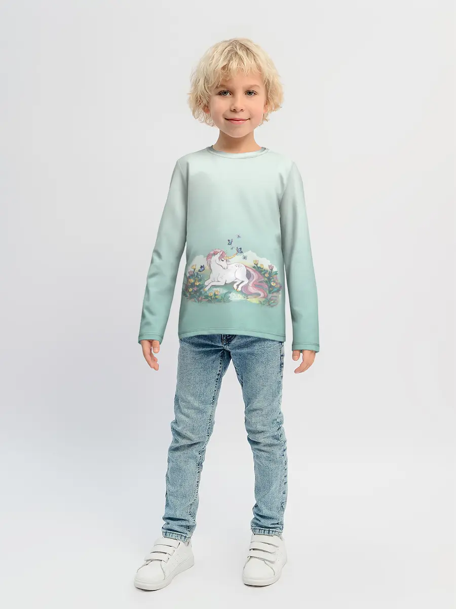 Детский лонгслив / единорог с бабочками
