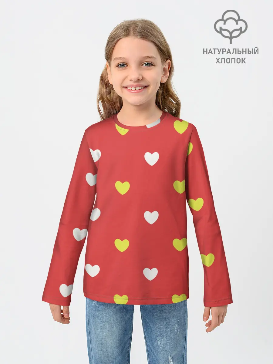 Детский лонгслив / Сердечки на красном паттерн