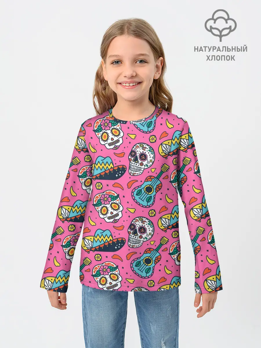 Детский лонгслив / День Мёртвых узор из черепов
