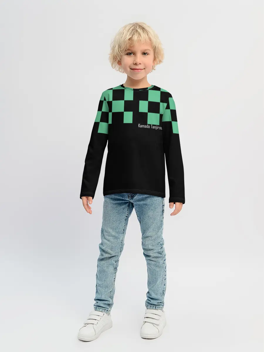 Детский лонгслив / Kamado Tanjiro зеленые квадраты