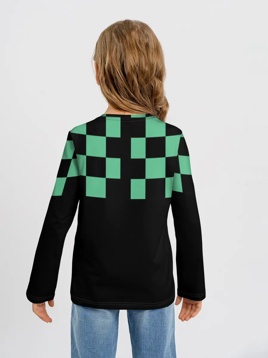 Детский лонгслив / Kamado Tanjiro зеленые квадраты
