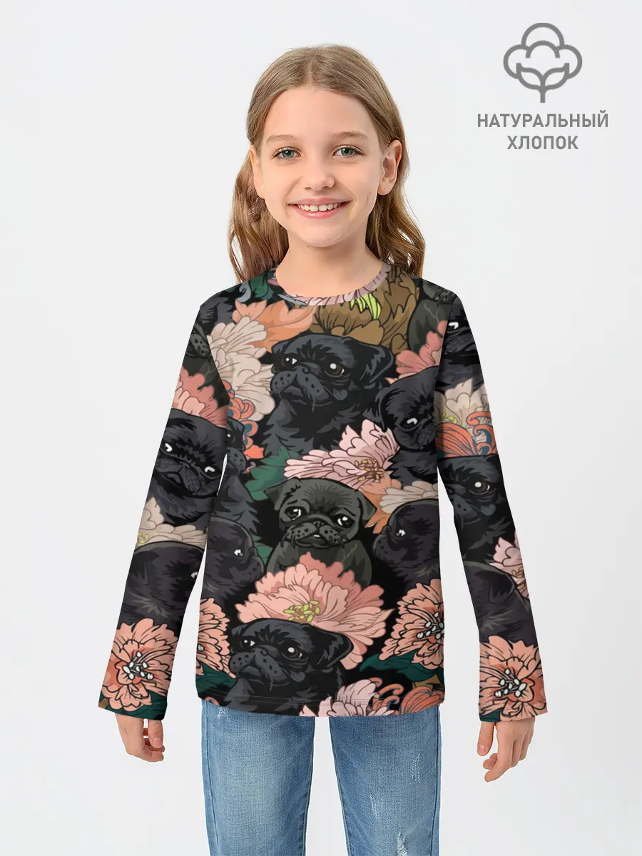 Детский лонгслив / Мопсы и Цветы