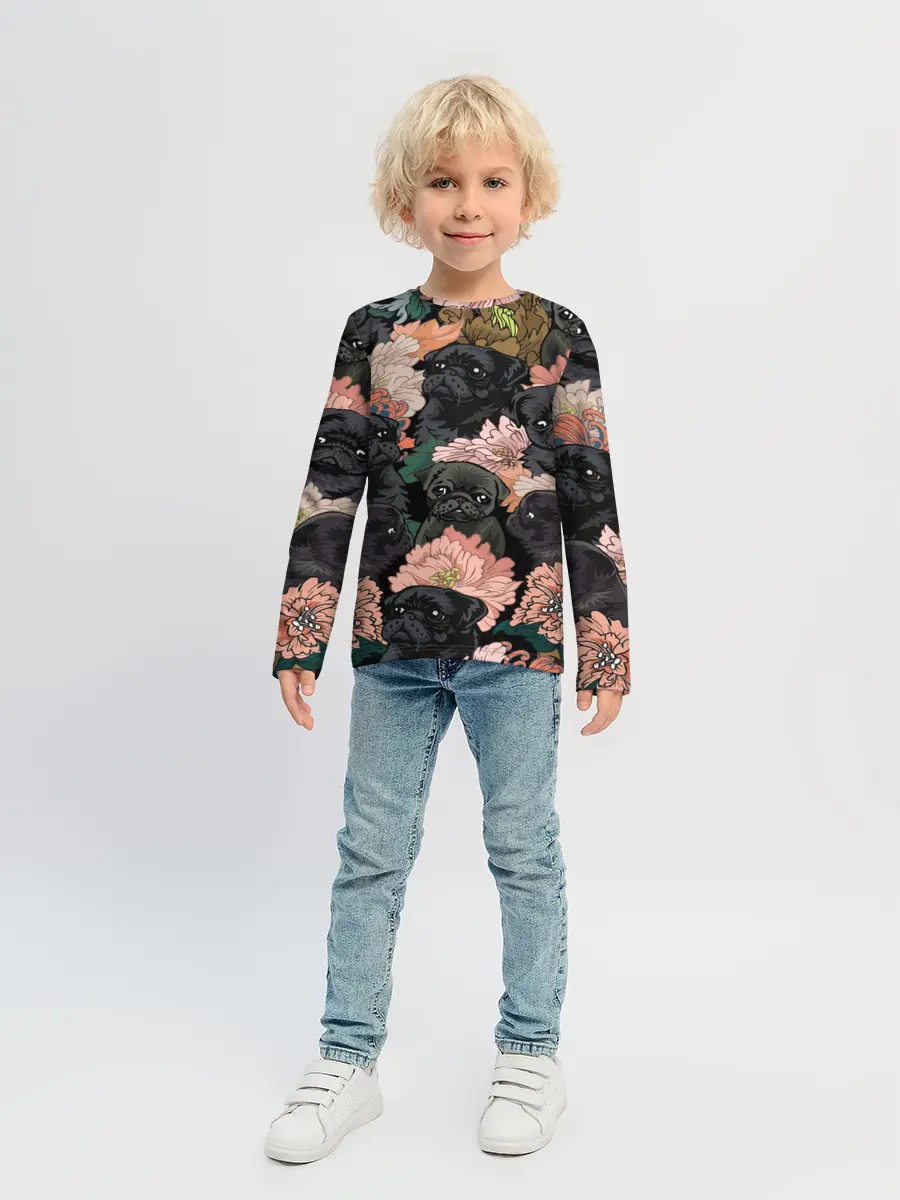 Детский лонгслив / Мопсы и Цветы