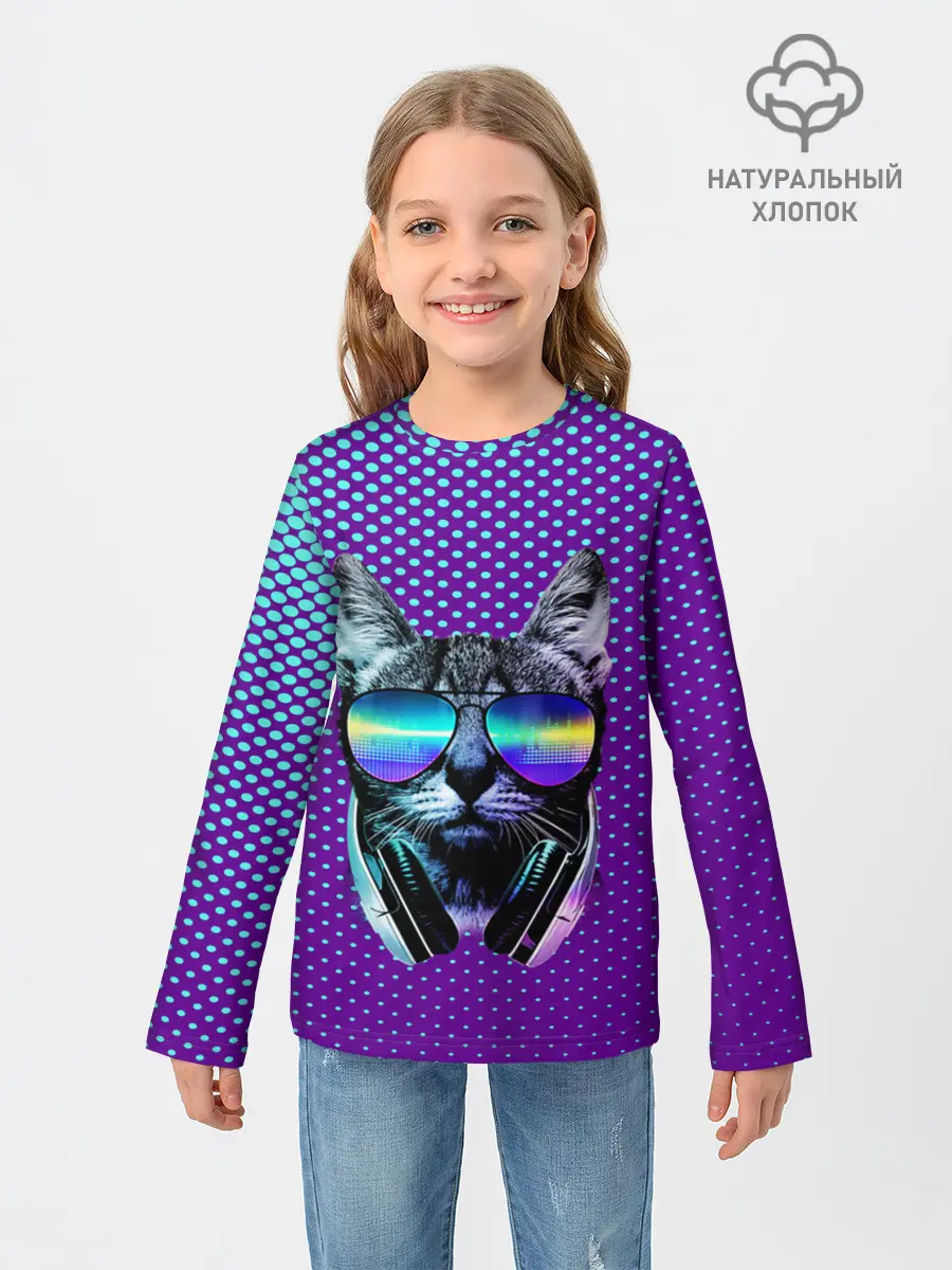 Детский лонгслив / Кот очки наушники модный