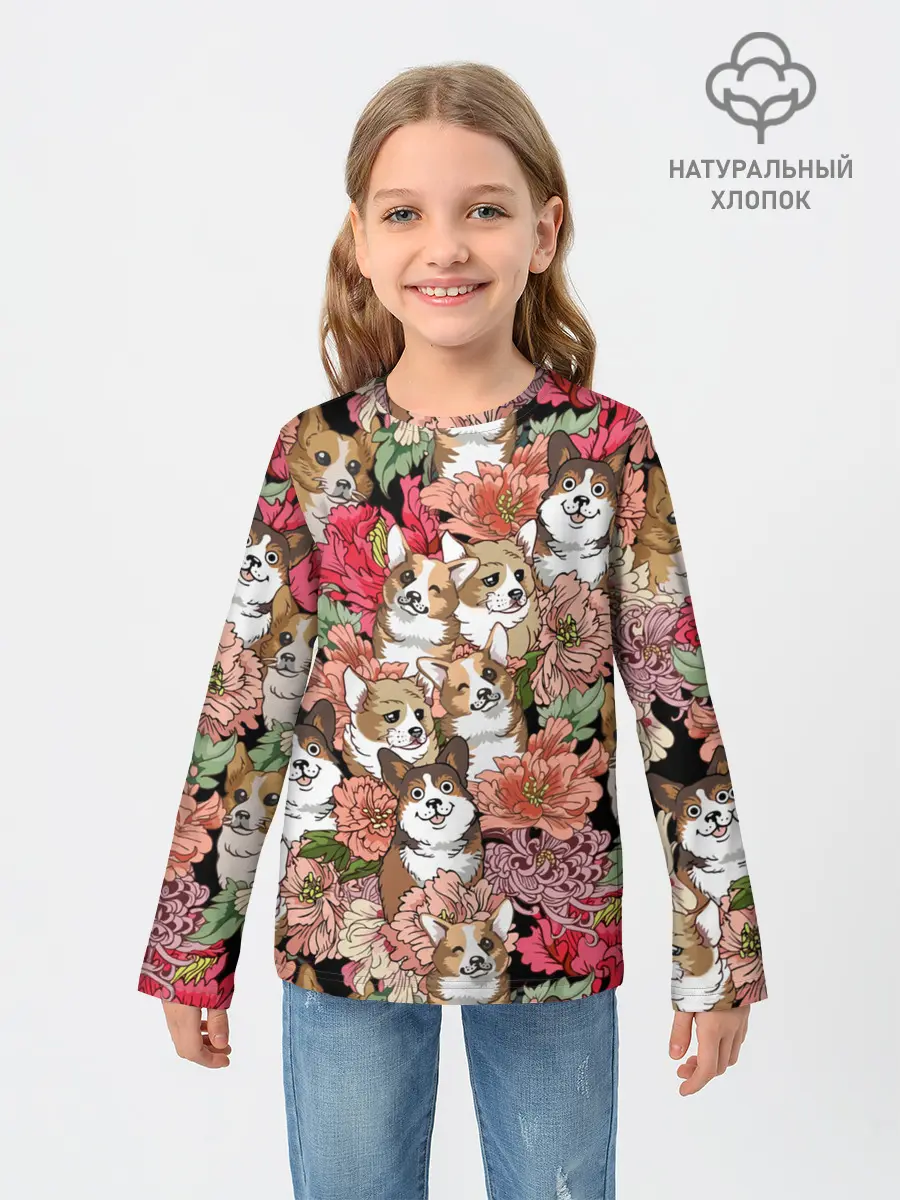 Детский лонгслив / Корги & Цветы