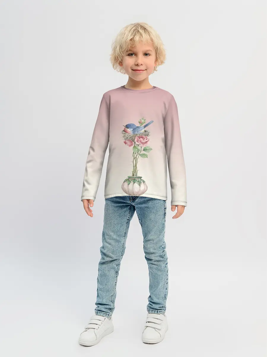 Детский лонгслив / Птичка в гнезде роза
