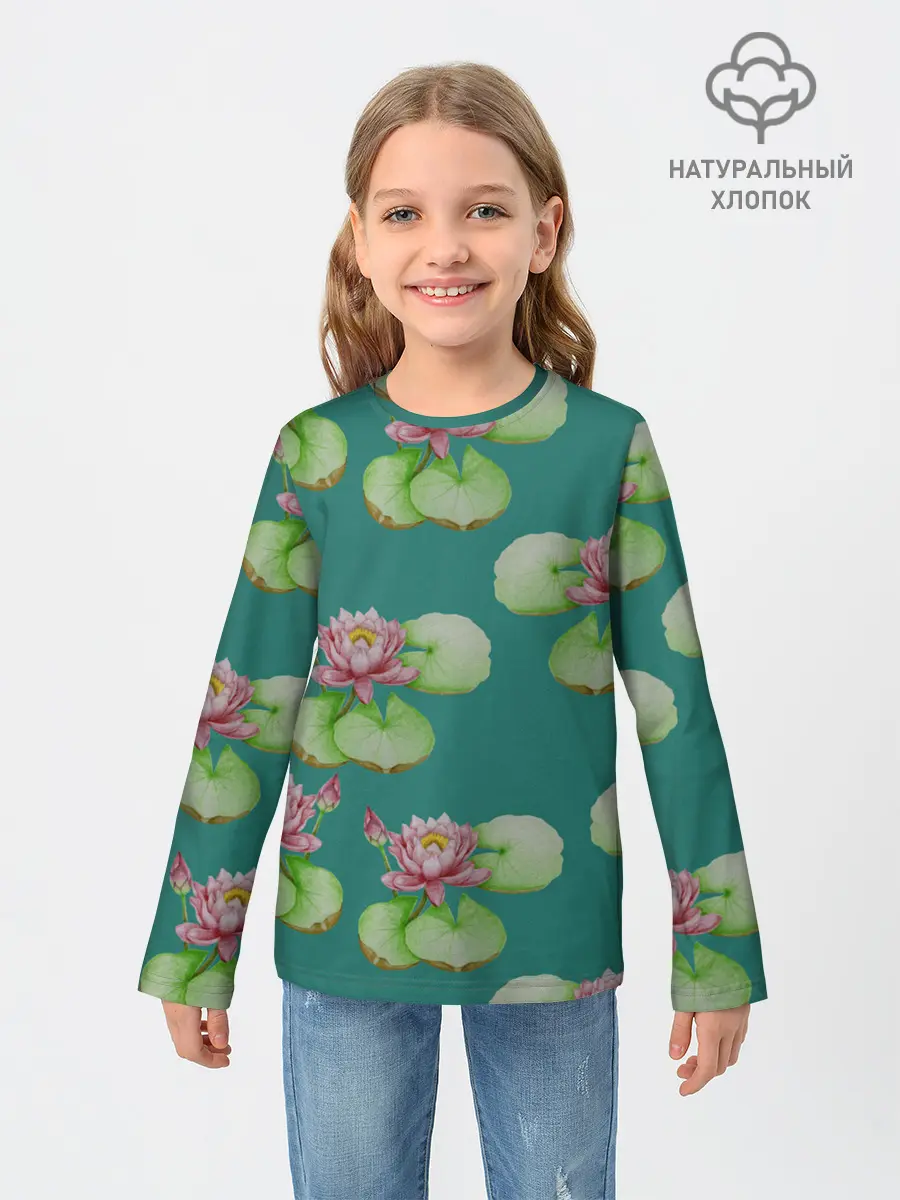 Детский лонгслив / Лотосы на темно бирюзовом фоне