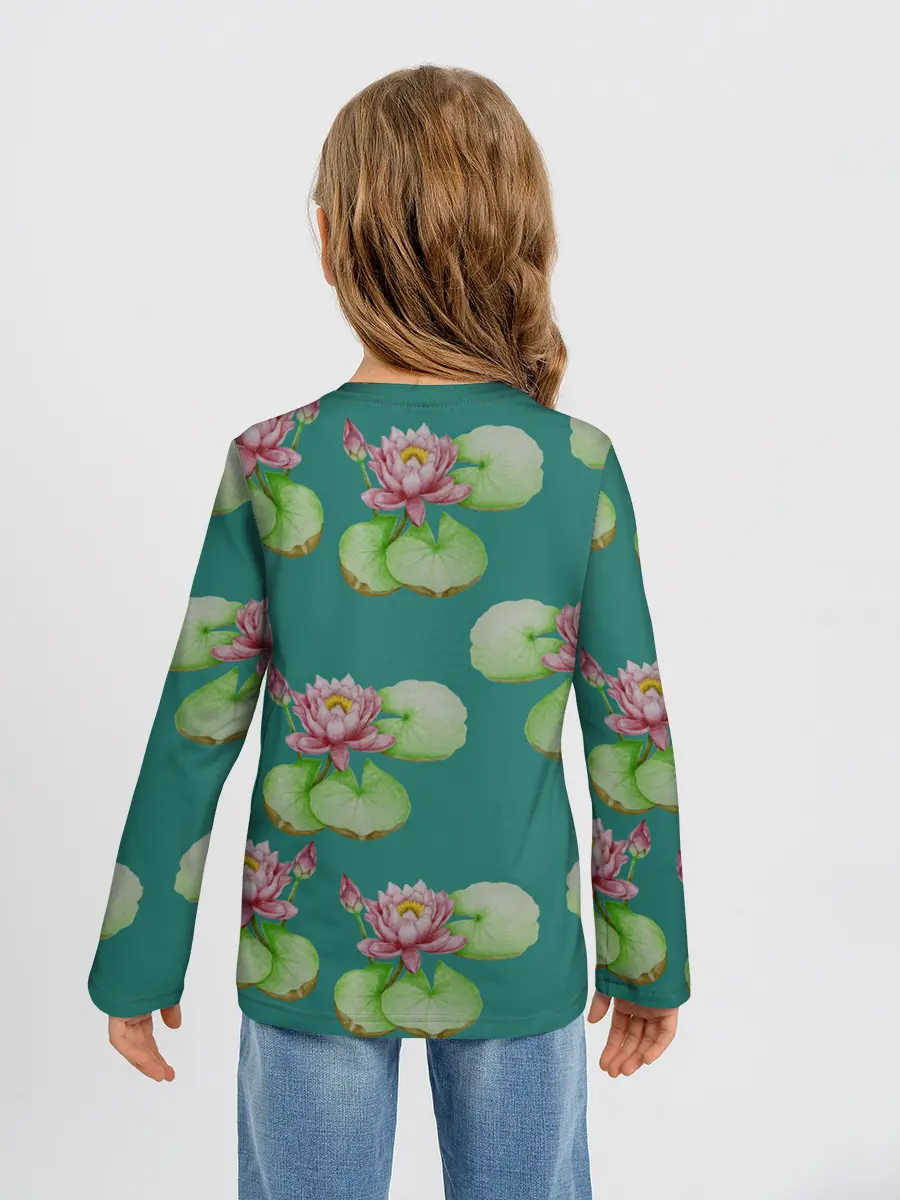 Детский лонгслив / Лотосы на темно бирюзовом фоне