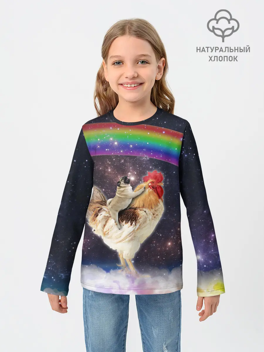 Детский лонгслив / Мопс на курице в космосе