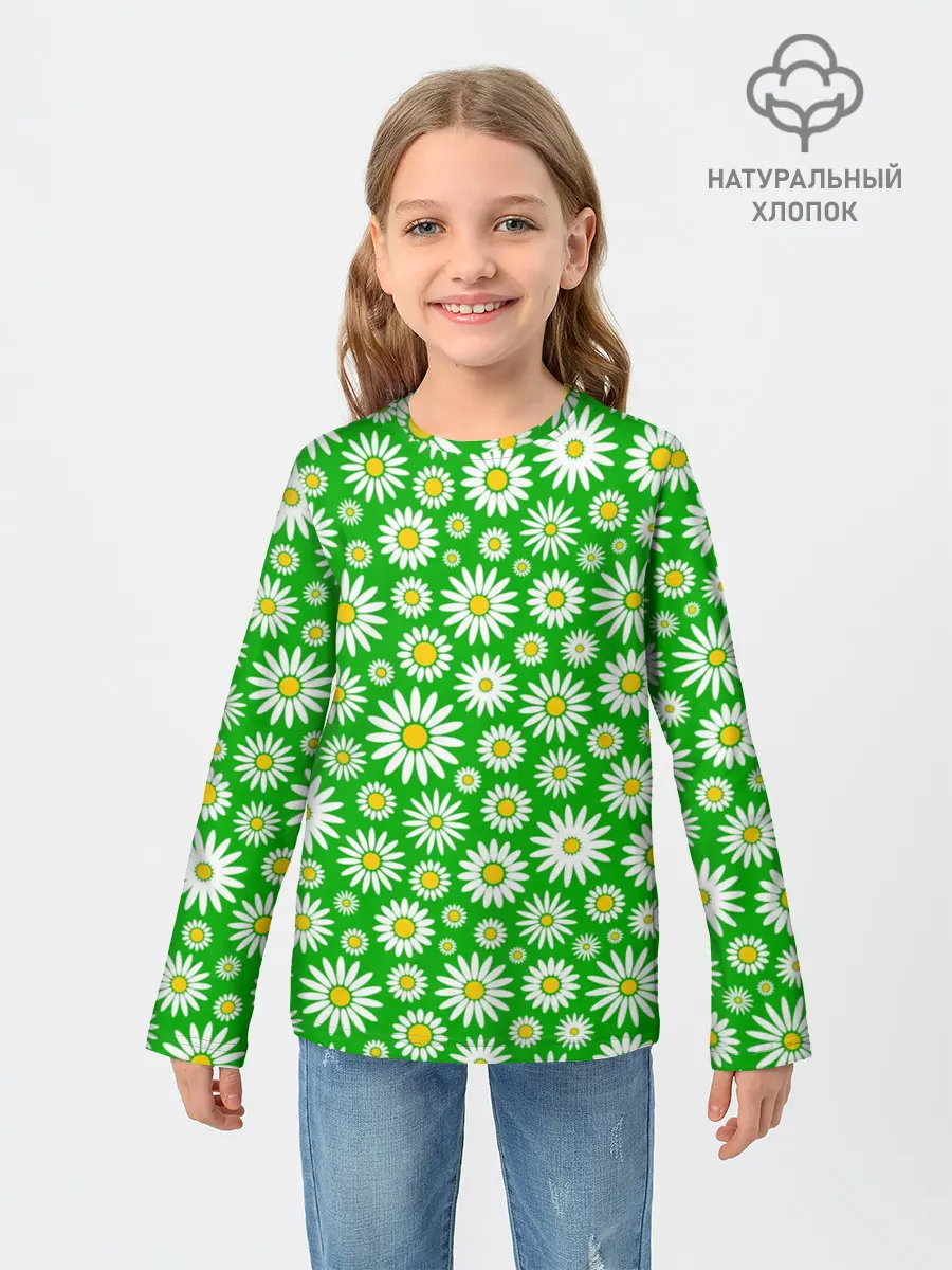 Детский лонгслив / Ромашки на зелёном фоне