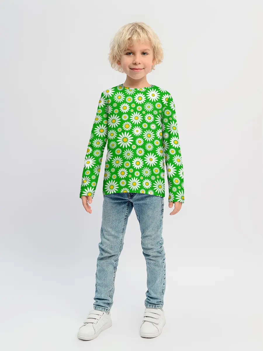 Детский лонгслив / Ромашки на зелёном фоне