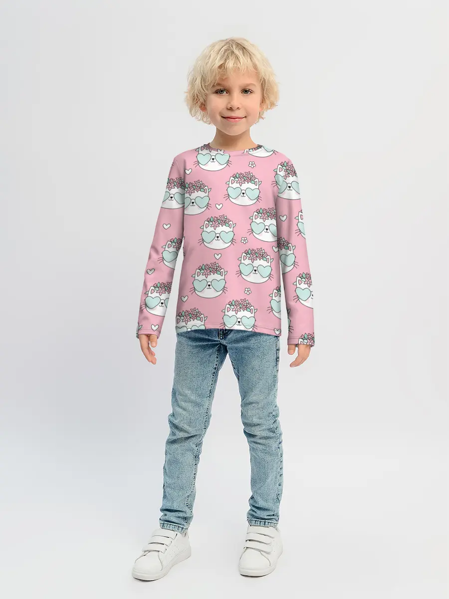 Детский лонгслив / Котики с цвточками