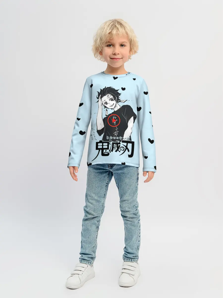 Детский лонгслив / Танджиро Камадо черные сердечки