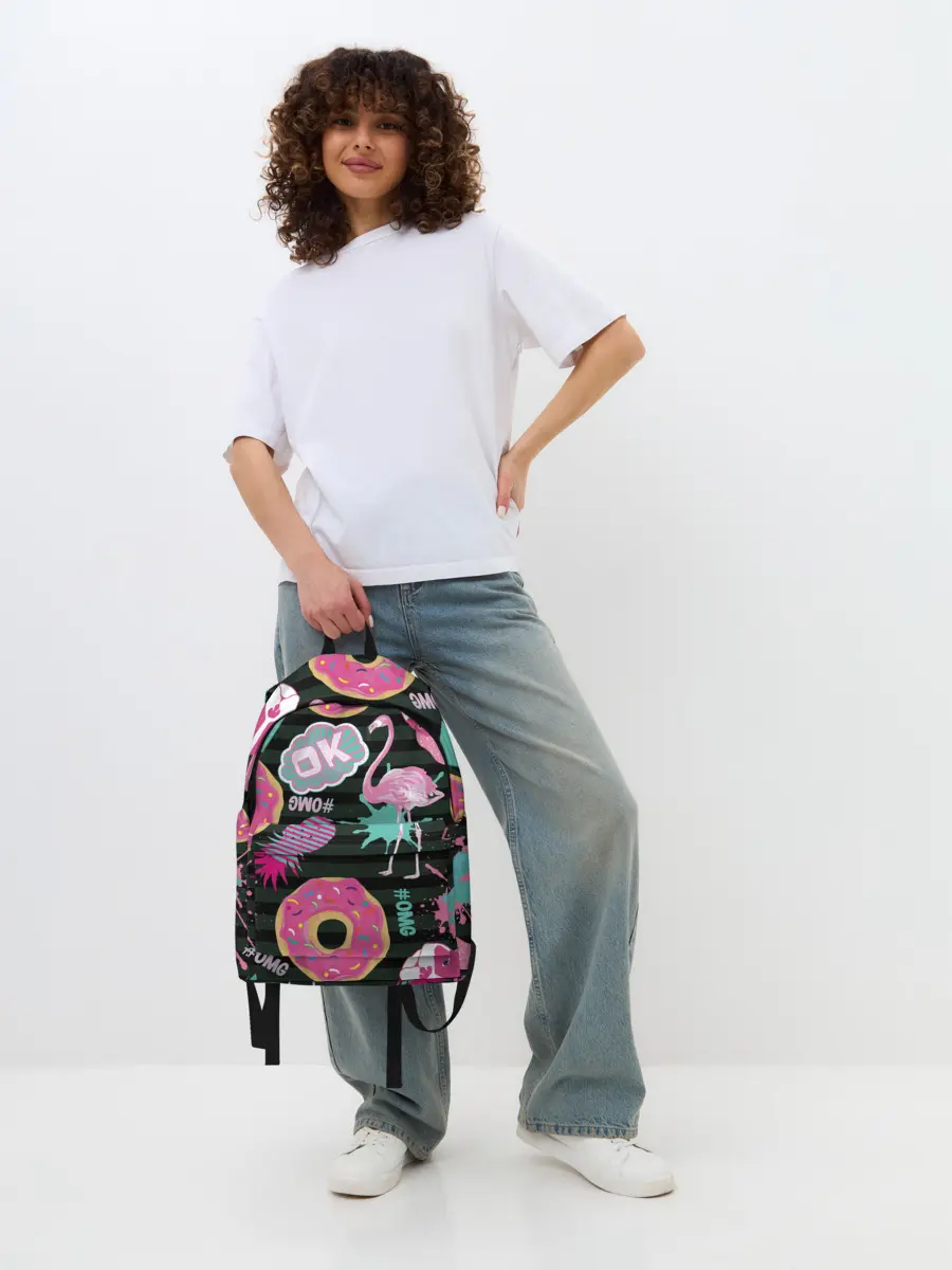 Рюкзак джинсовый / Пончики, мопсы и фламинго.