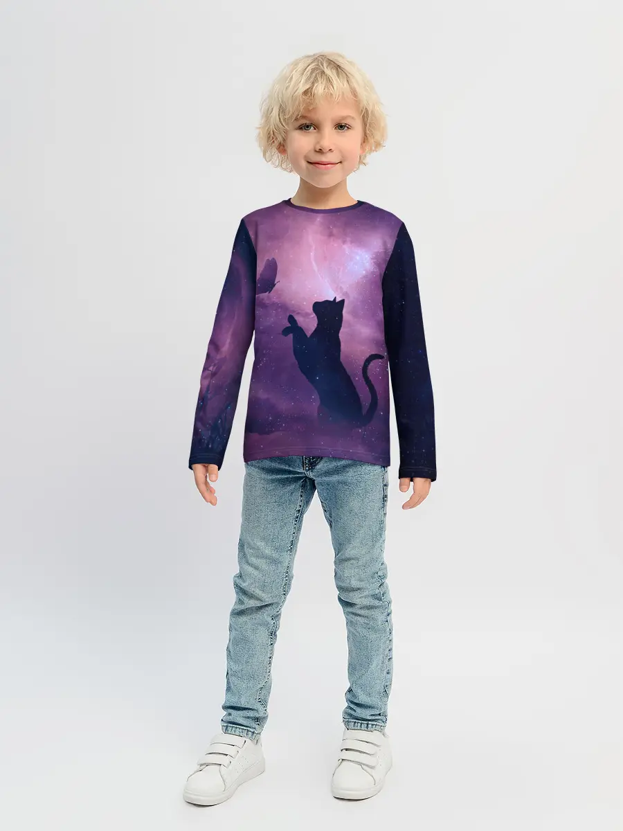 Детский лонгслив / Бабочка кот силуэт фиолетовый