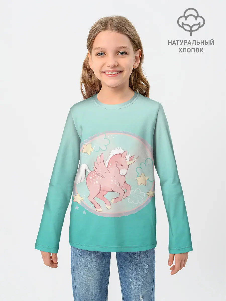 Детский лонгслив / розовый единорог в небесах