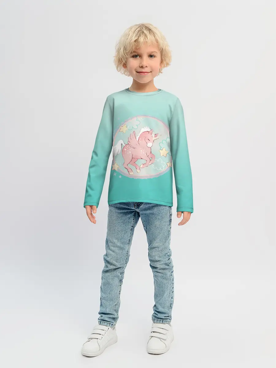 Детский лонгслив / розовый единорог в небесах