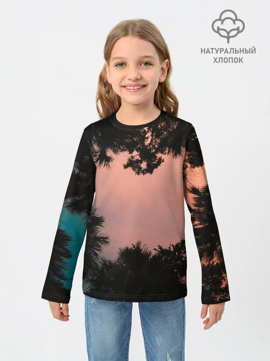 Детский лонгслив / Пальмы вид снизу закат