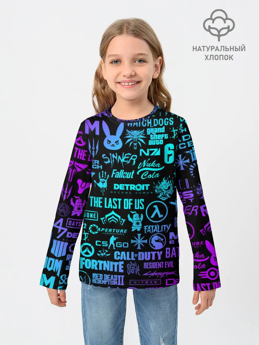 Детский лонгслив / ЛОГОТИПЫ ИГР НЕОН / NEON GAMES LOGO