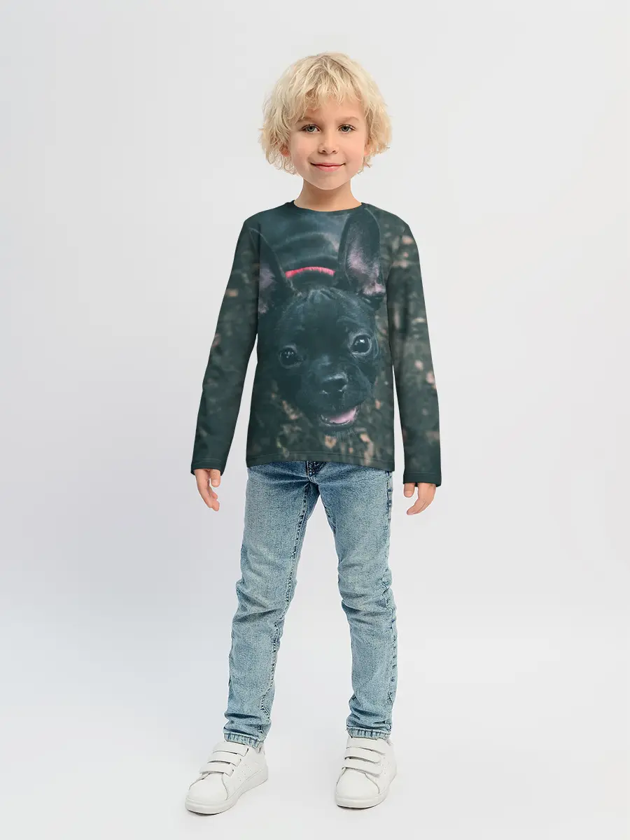 Детский лонгслив / Бульдог морда собакена черного