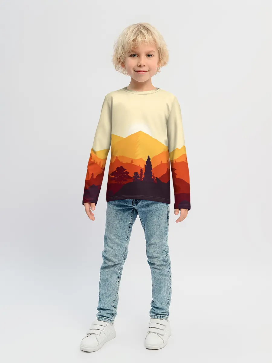 Детский лонгслив / Горы закат пейзаж лиса арт