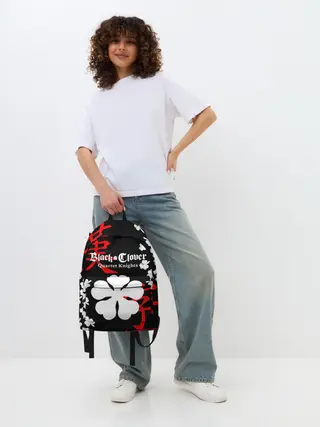 Рюкзак джинсовый / Логотип черный клевер и маленькие листья