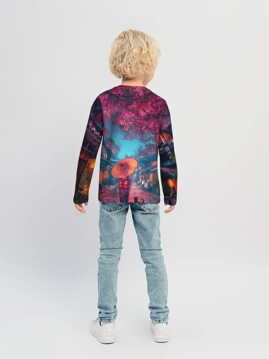 Детский лонгслив / Фестиваль сакуры кот и гейша