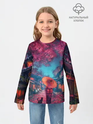 Детский лонгслив / Фестиваль сакуры кот и гейша
