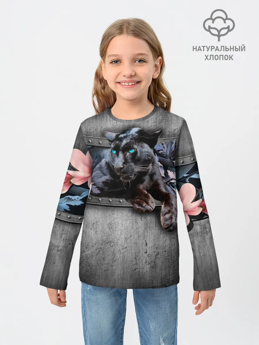 Детский лонгслив / Пантера и цветы
