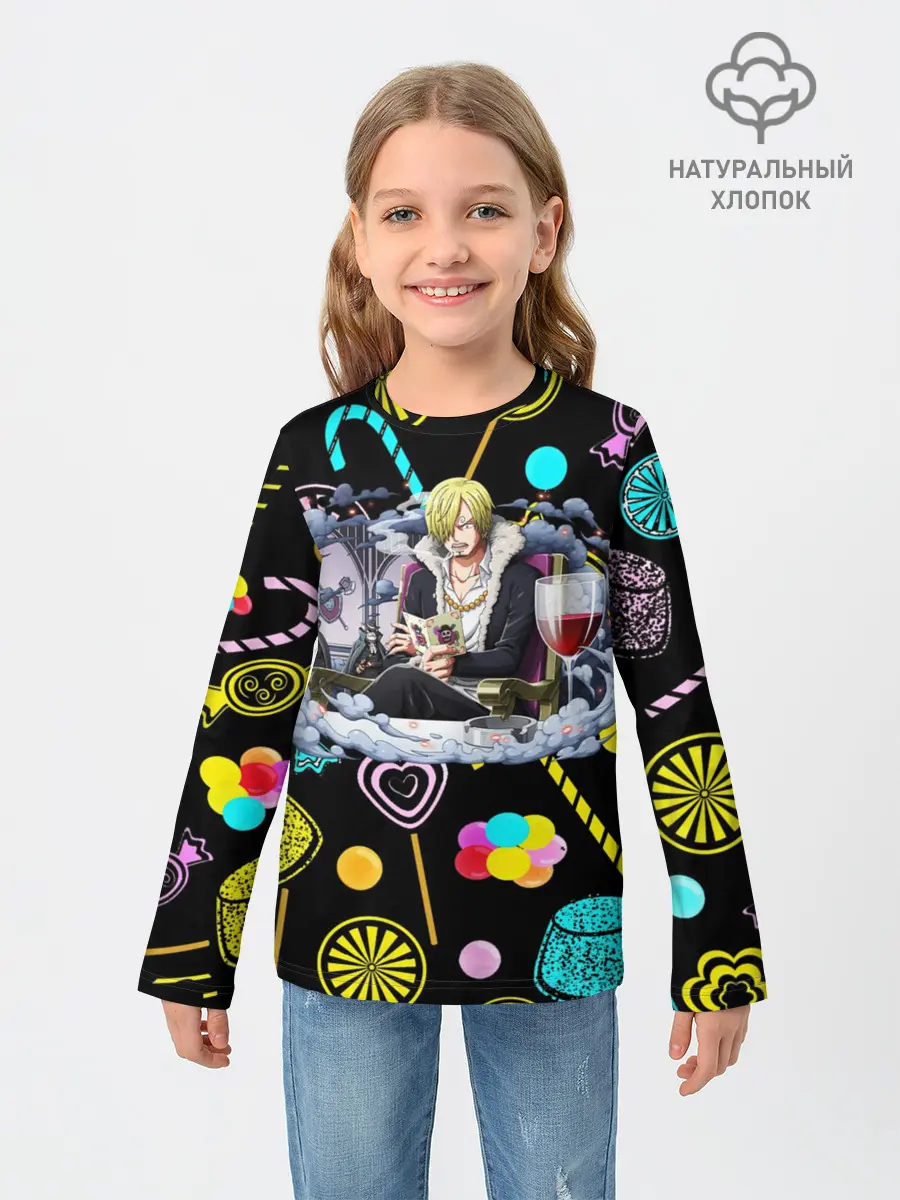 Детский лонгслив / Винсмок Санджи. Фон со сладостями