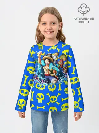 Детский лонгслив / Веселый Монки. Синий фон череп и кости