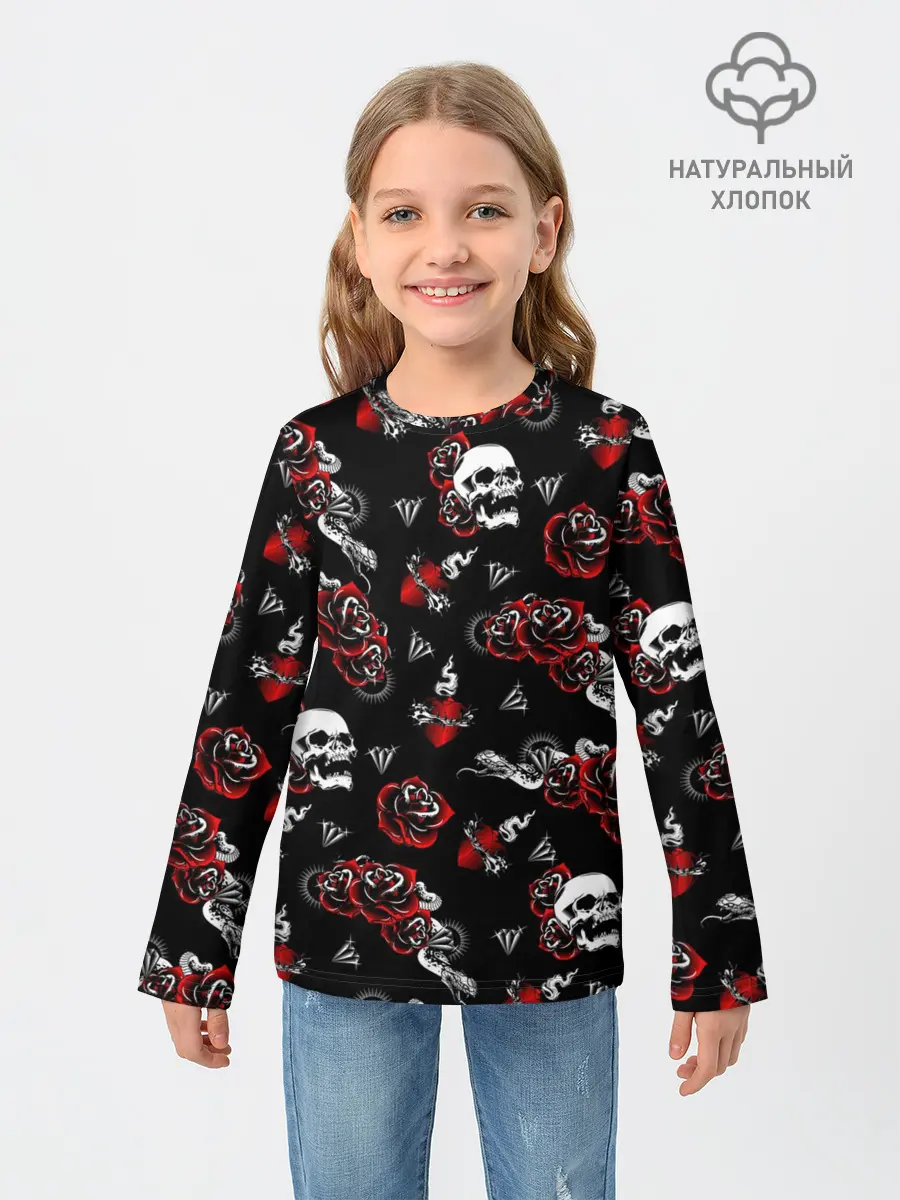 Детский лонгслив / Черепа и розы