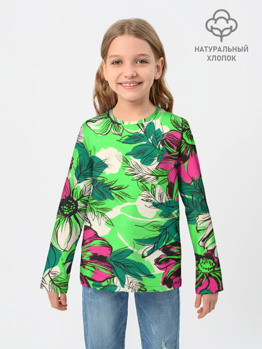 Детский лонгслив / Цветы в неоне