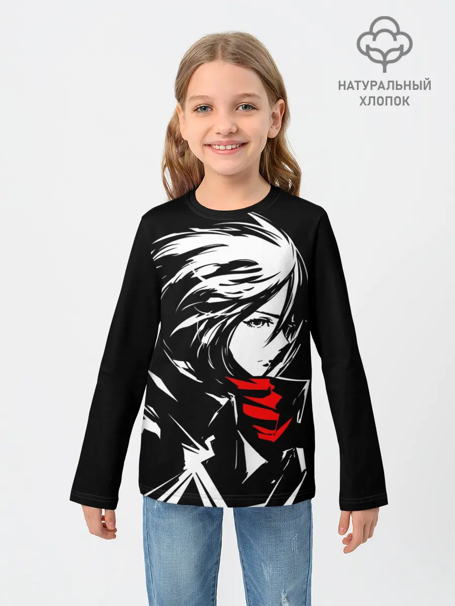 Детский лонгслив / Черно-белая Микаса Аккерман