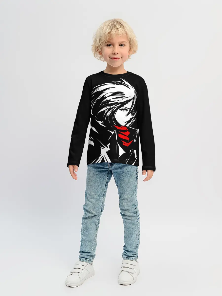 Детский лонгслив / Черно-белая Микаса Аккерман