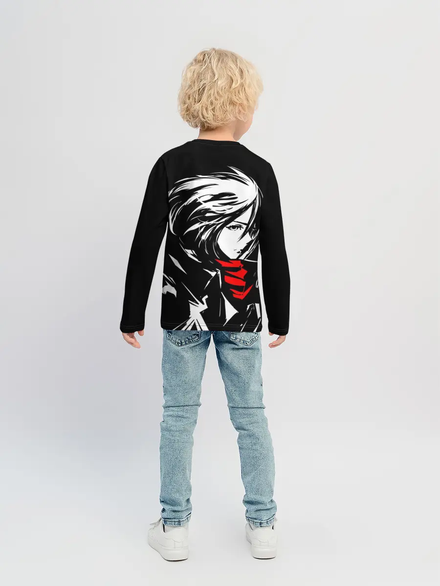 Детский лонгслив / Черно-белая Микаса Аккерман