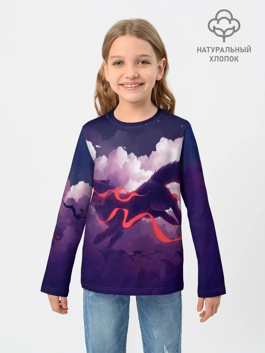 Детский лонгслив / Лиса бежит по облакам