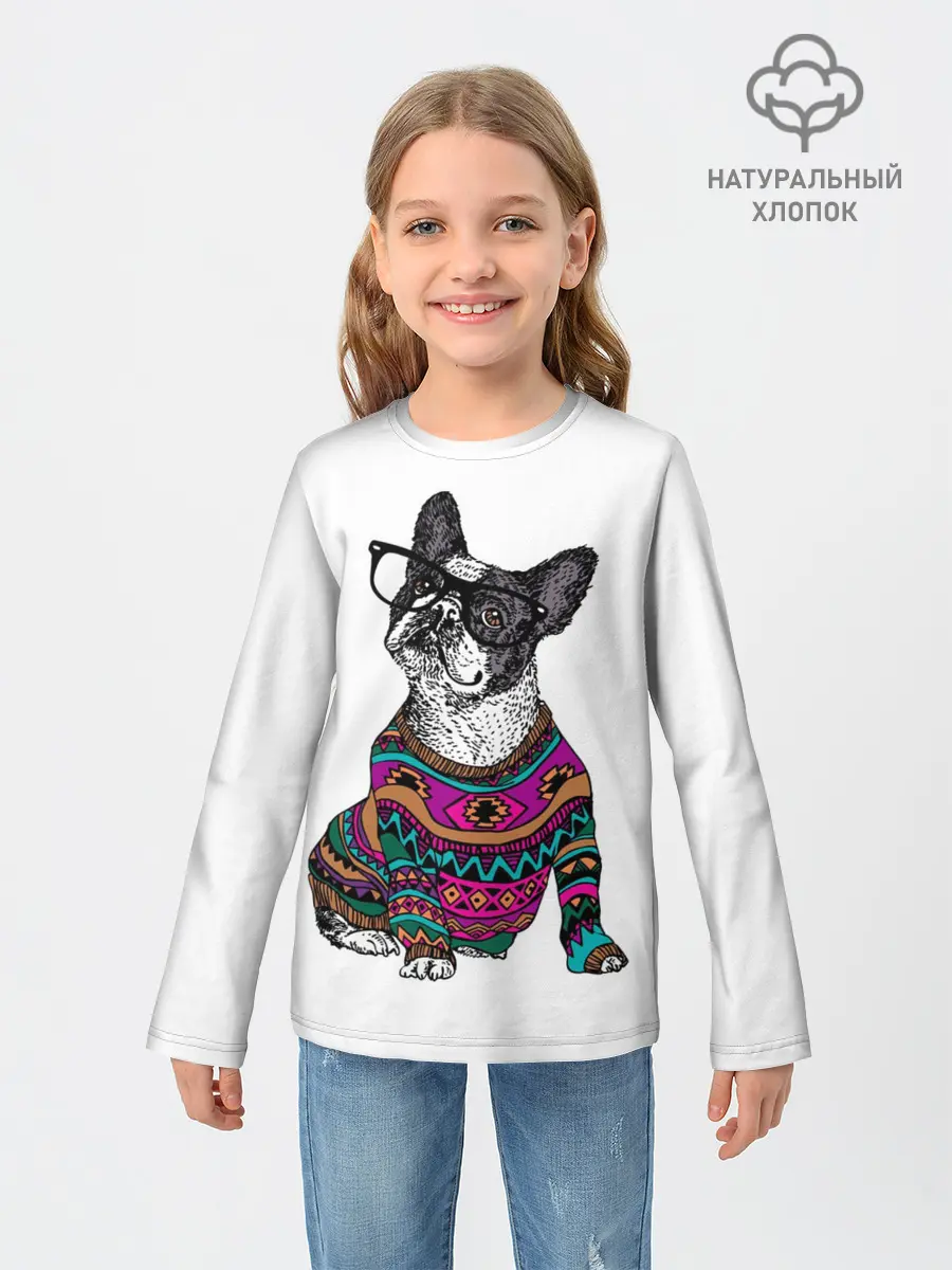 Детский лонгслив / Мопс Хипстер