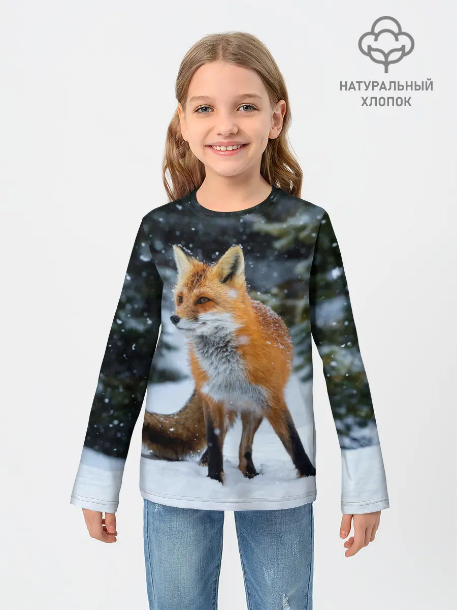 Детский лонгслив / Лиса в зимнем лесу
