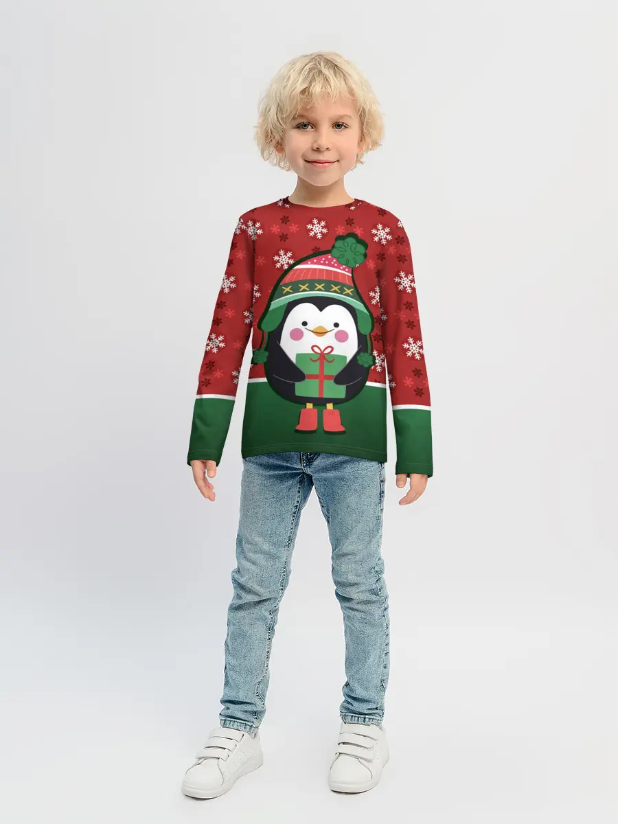 Детский лонгслив / Пингвин. Новый год