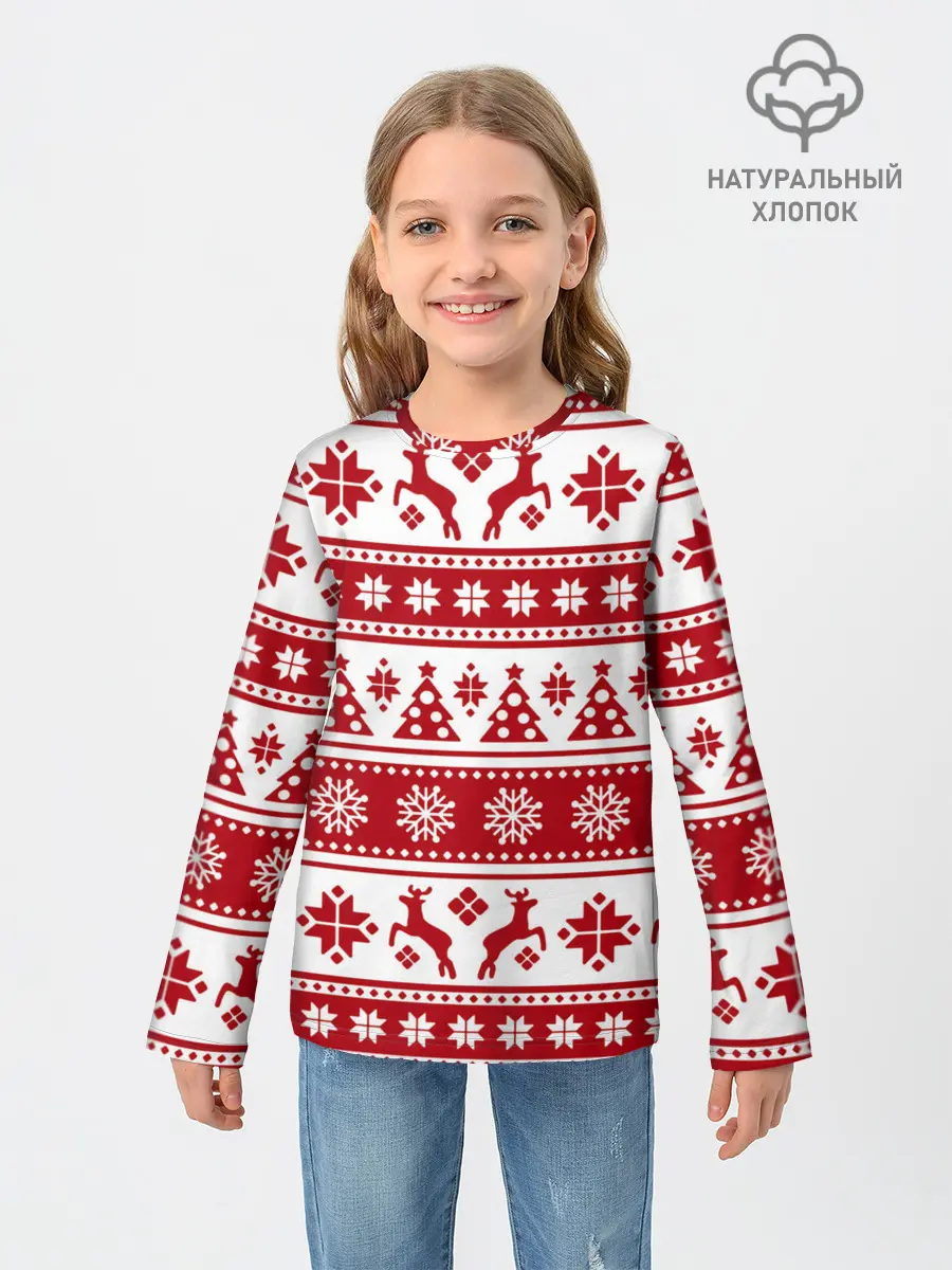 Детский лонгслив / Новый Год | Олени и снежинки