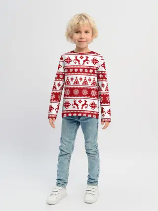 Детский лонгслив / Новый Год | Олени и снежинки