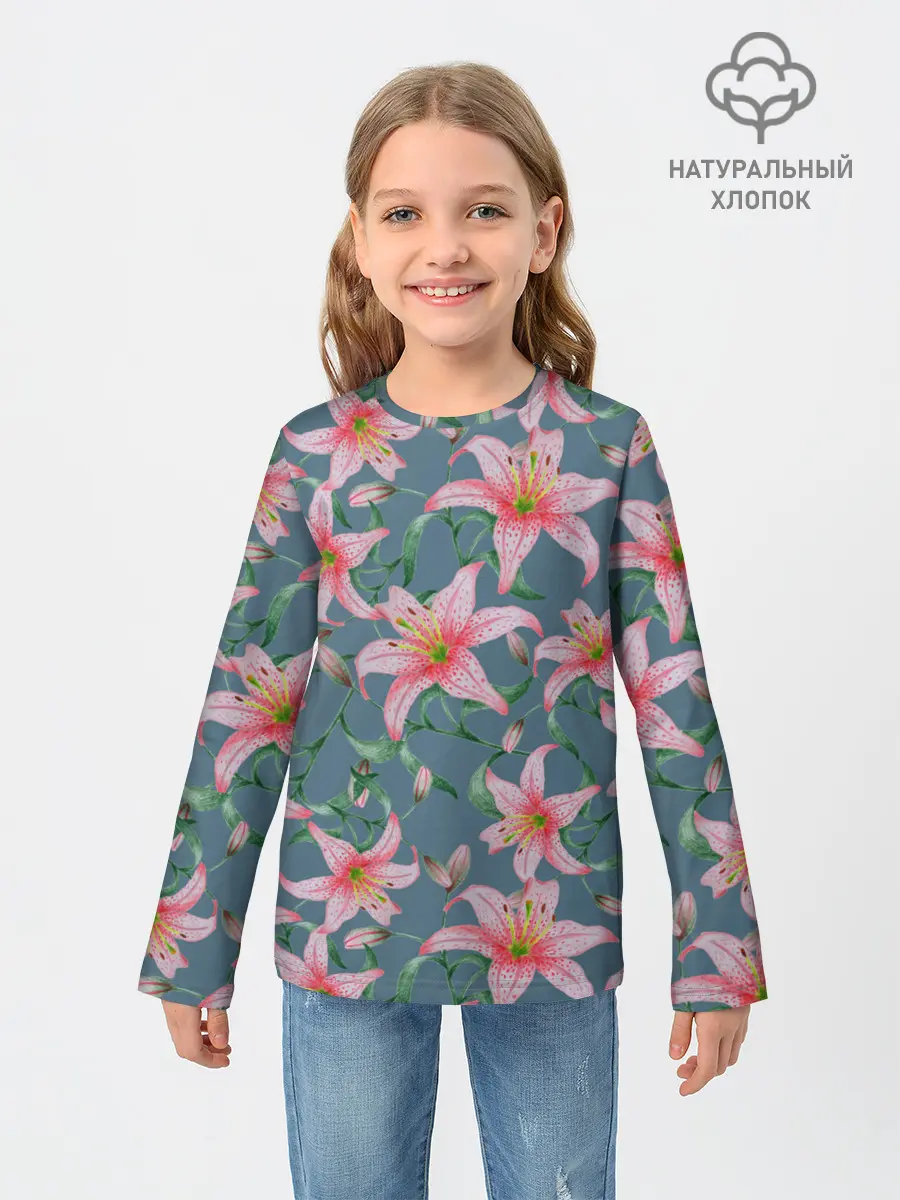 Детский лонгслив / Лилии на сером фоне