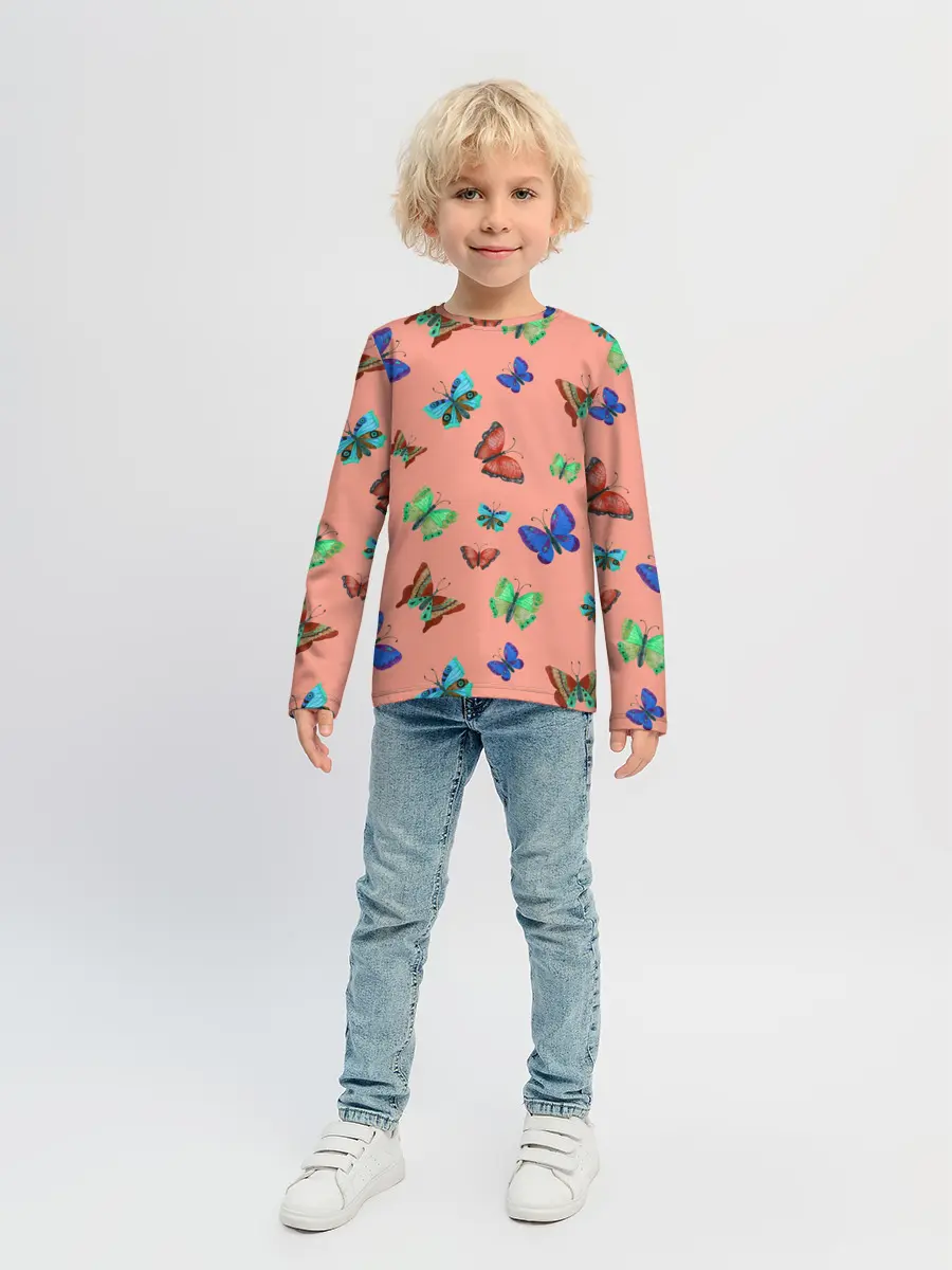 Детский лонгслив / Бабочки на персиковом фоне